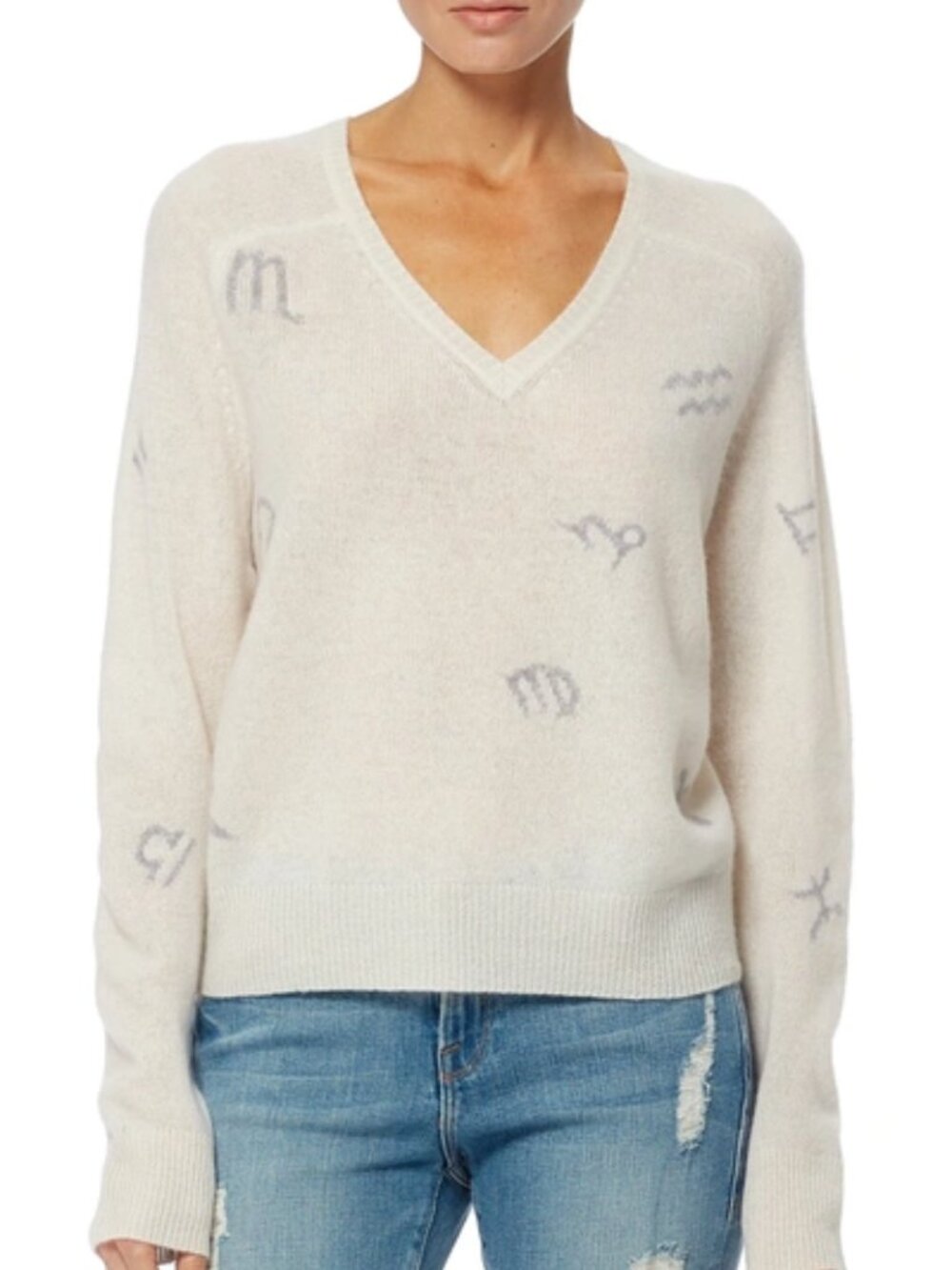360 CASHMERE SKULL CASHMERE Ivory Cashmere Knit Zodiac V-Neck Sweater, Size S